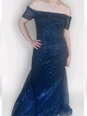 GALINA SIGNATURE MAXI DRESS WOMEN 8 NAVY BLUE ZIP MERMAID TULLE OFF SHOULDER NEW